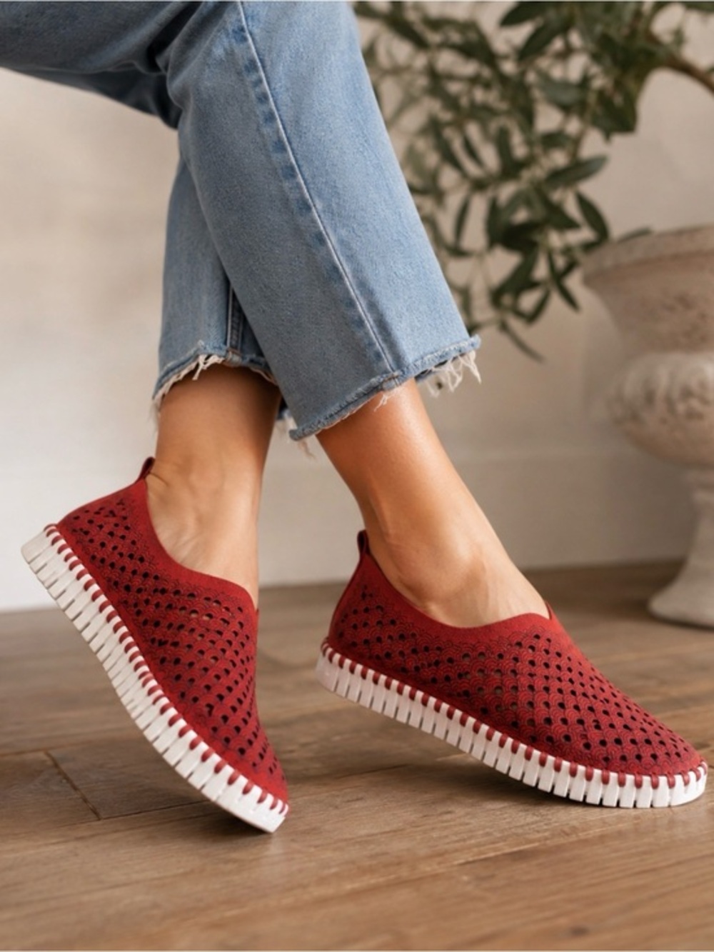 Ilse Jacobsen Tulip Red Laser Cut Slip On Sneakers Shoes